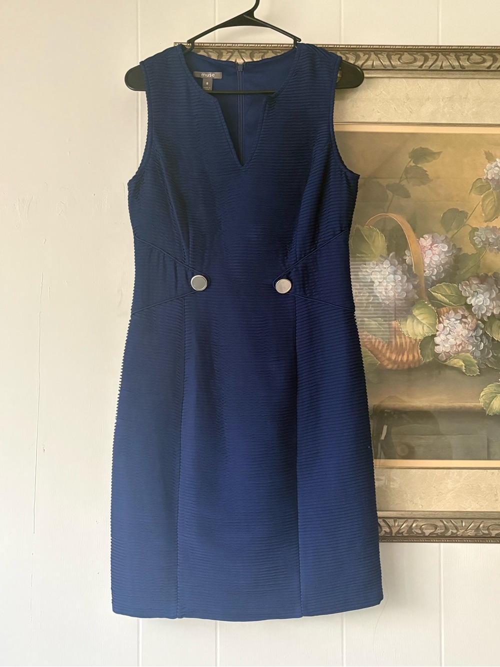 Muse Sleeveless Navy Textured Sheath Dress with Silver Button Accents